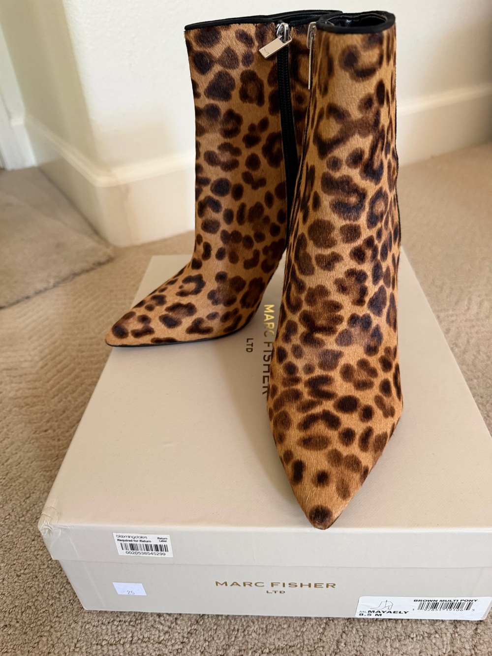Marc Fisher brown pony leopard Toe Ankle Booties Brown/Black